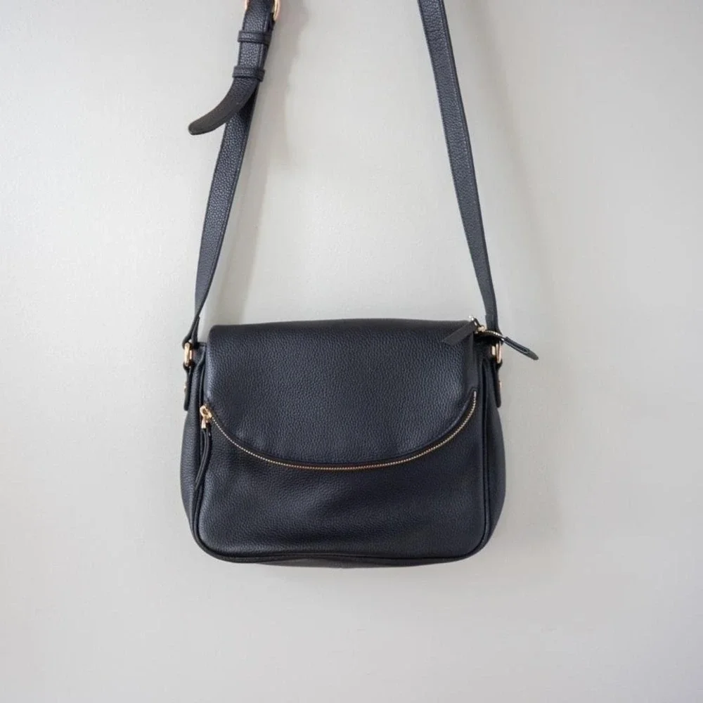 New Quince Italian Leather Foldover Crossbody Bag Black Purse - Picture 2 of 7